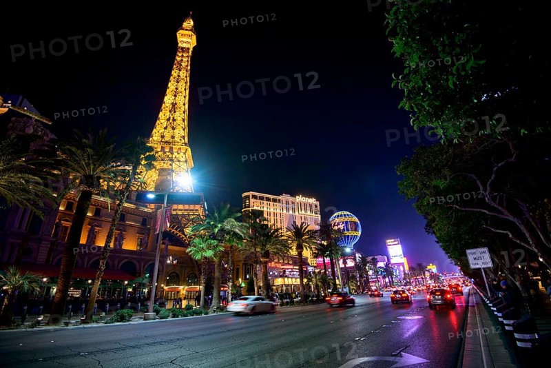 Illuminated Paris Las Vegas Hotel and Casino at night