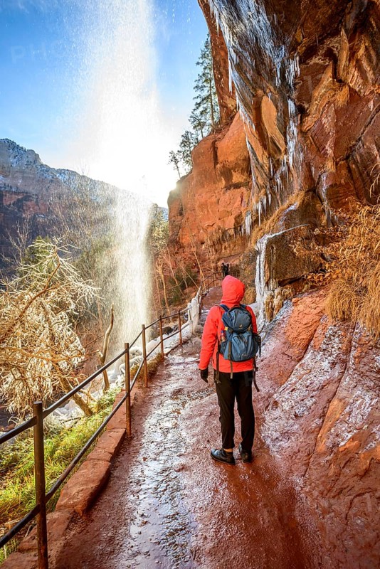 Hiker in front of waterfall