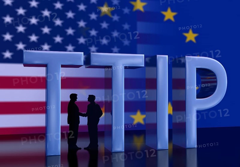 Two businessmen shaking hands in front of USA flag and EU flag