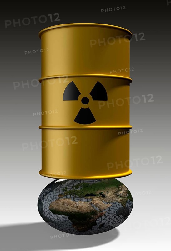 Barrel with nuclear waste on deformed globe