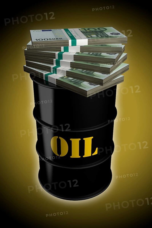 Euro bills piling up on oil barrel with inscription saying lifetime extension