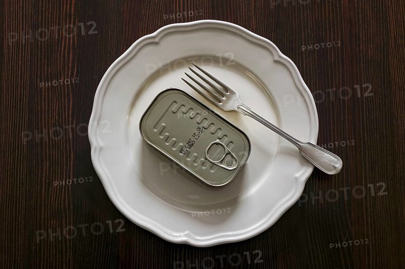 Sardines in closed tin on white plate with fork