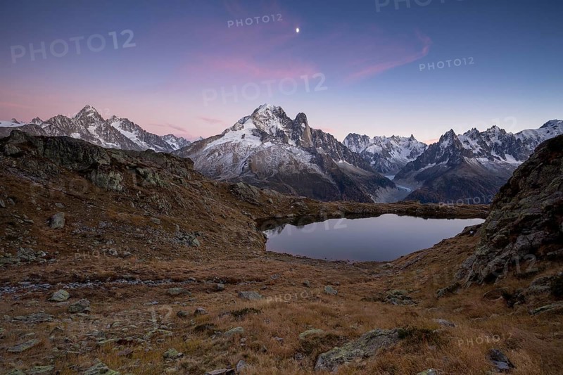 Lac des Chesery with Mont Blanc massif after sunset