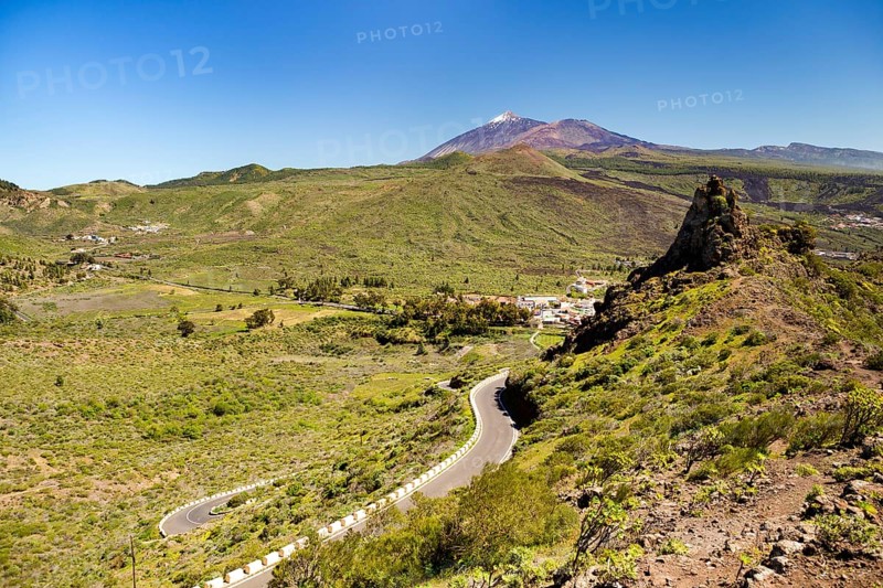 View over Santiago del Teide to Mount Teide as seen from Degollada de Cherfe