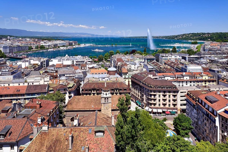 View of the city of Geneva with Lake Geneva and the Jet d'Eau