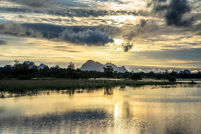 Sunset above tower karst mountains