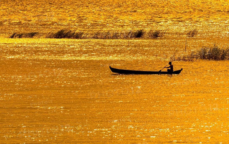 Man paddling boat on River Ayeyarwady or Irrawaddy