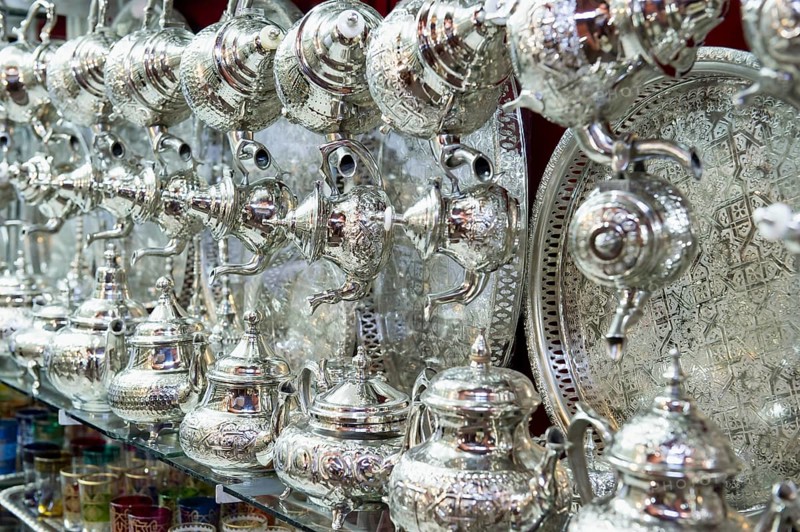 Moroccan silver plates and teapots