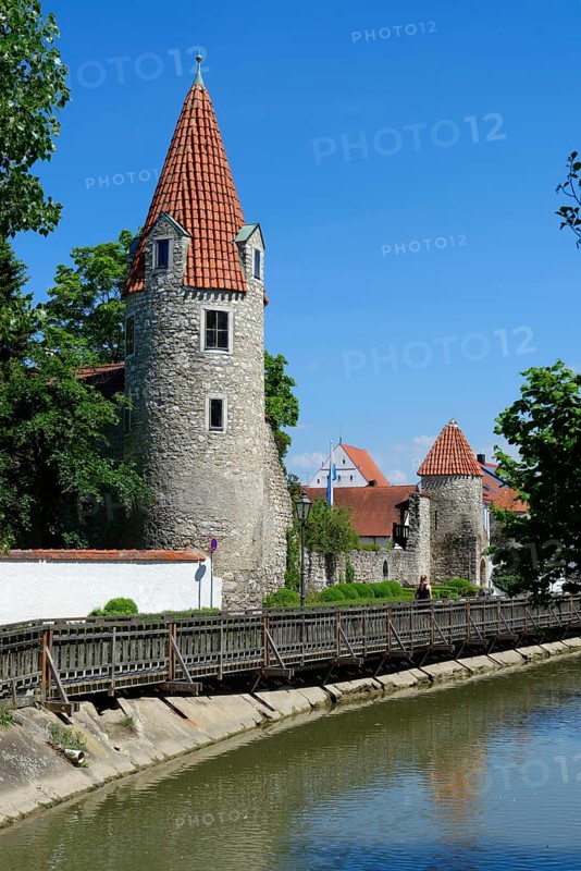 City wall and towers by the river Abens