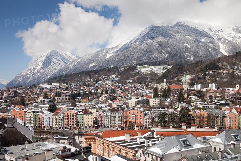 View from the town tower onto the city towards the Inn and the Karwendel Mountains