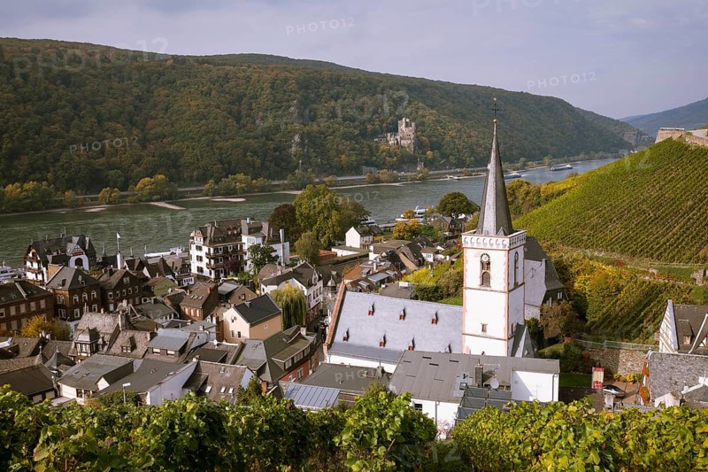 View of Assmannshausen with parish church of the Holy Cross and the Rhine Valley
