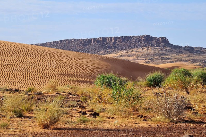 Desert landscape with sand dune and rocky hills