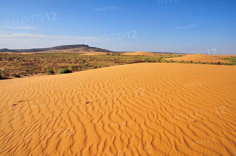 Desert landscape with sand dune and rocky hills