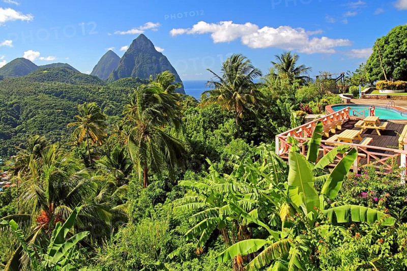 Terrace with swimming pool of the La Haut Resort in front of the tropical landscape with the two Pitons