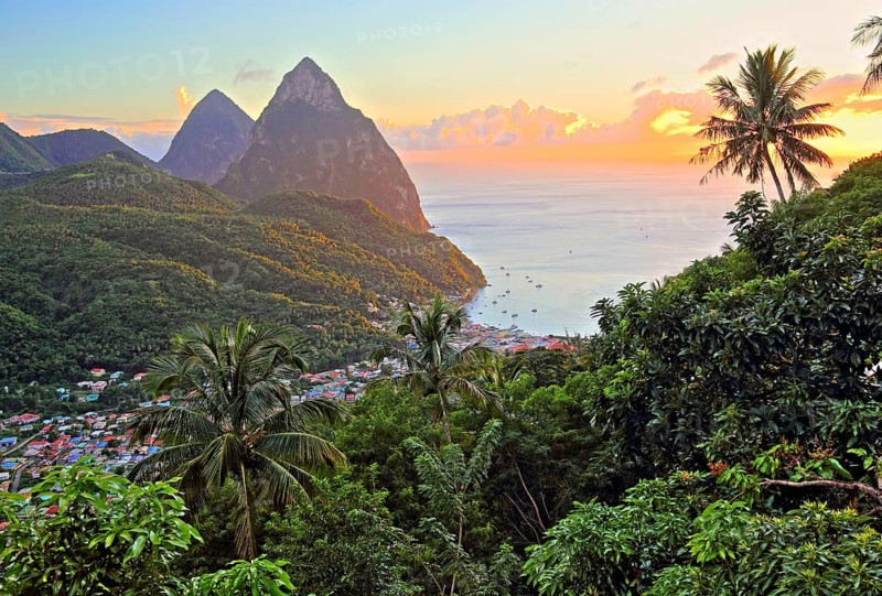 Tropical landscape with view of the village and the two Pitons