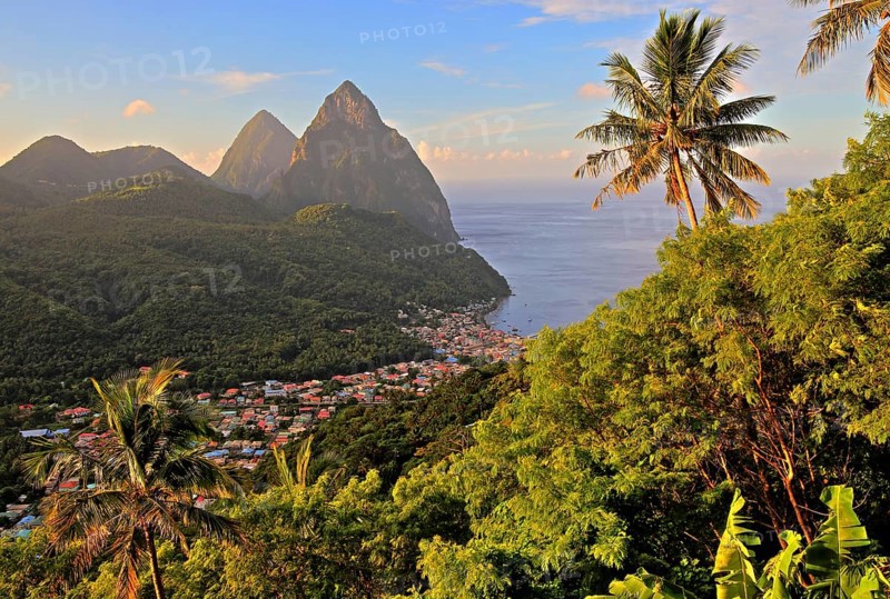 Tropical landscape with view of the village and the two Pitons