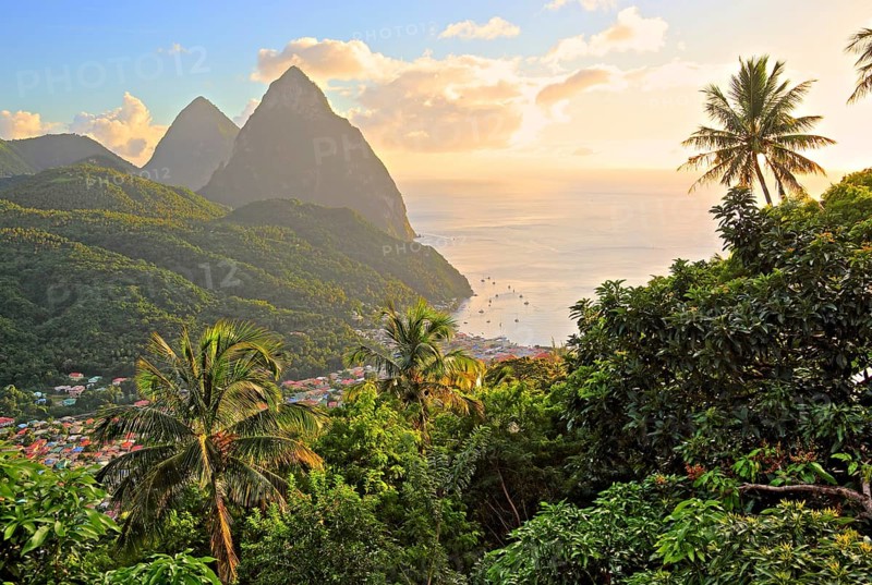 Tropical landscape with view of the village and the two Pitons