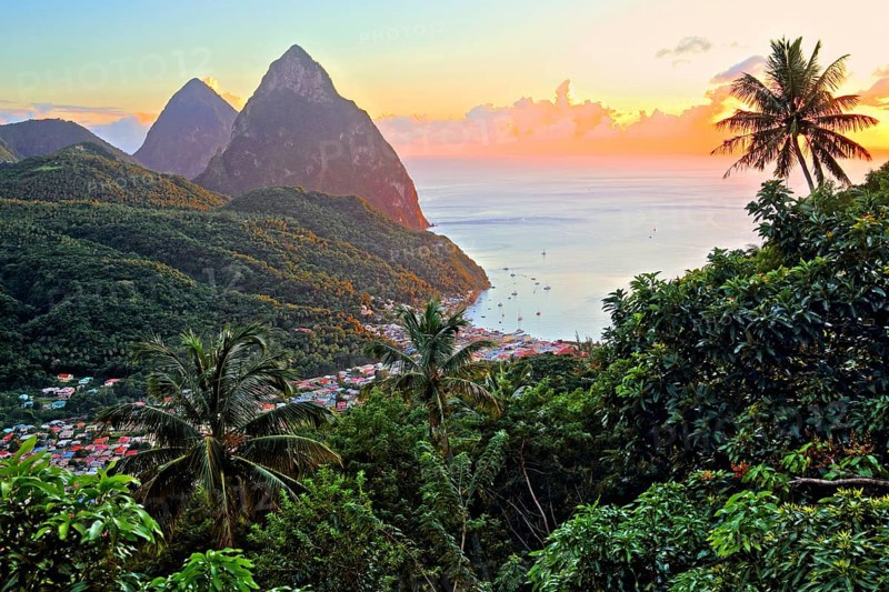 Tropical landscape with view of the village and the two Pitons