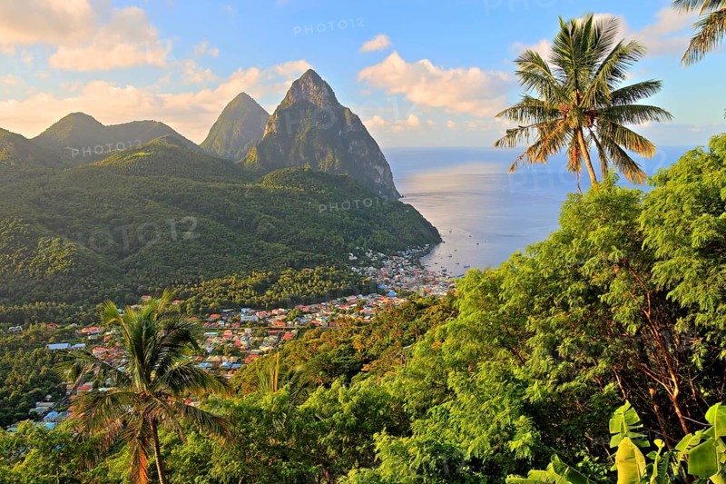 Tropical landscape with view of the village and the two Pitons