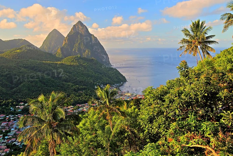 Tropical landscape with view of the village and the two Pitons