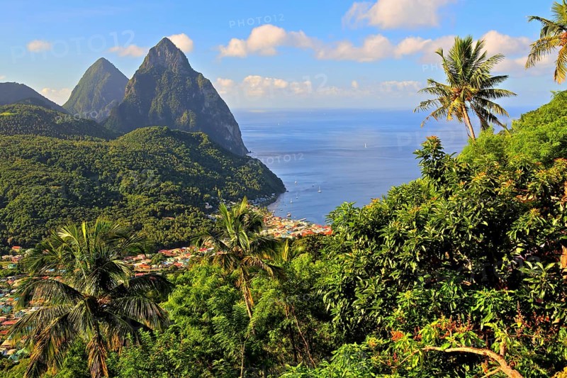 Tropical landscape with view of the village and the two Pitons
