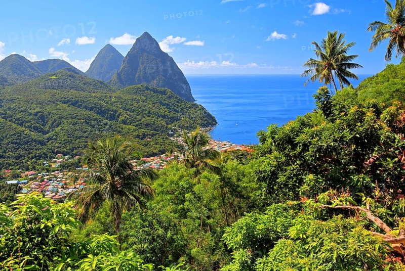 Tropical landscape with view of the village and the two Pitons
