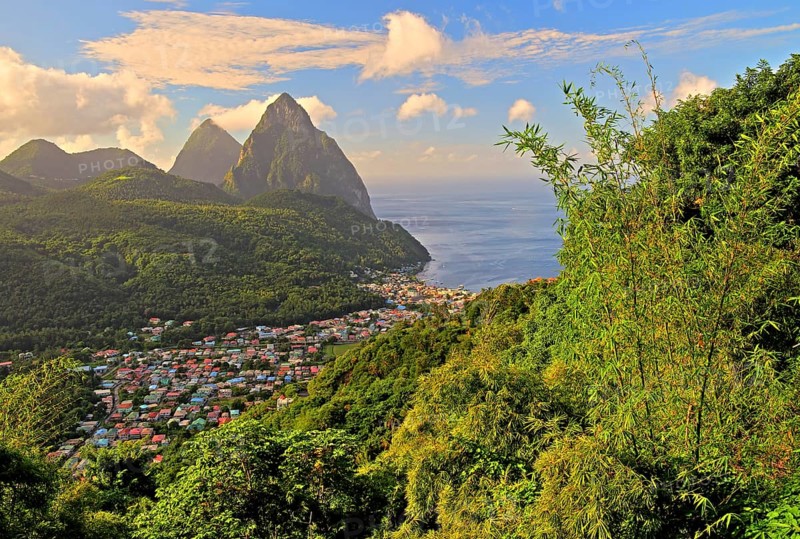 Tropical landscape with view of the village and the two Pitons