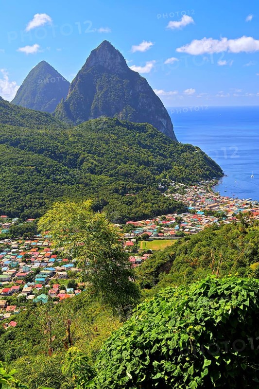 Tropical landscape with view of the village and the two Pitons