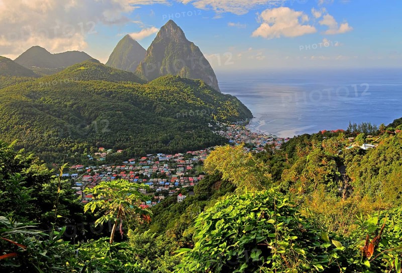 Tropical landscape with view of the village and the two Pitons
