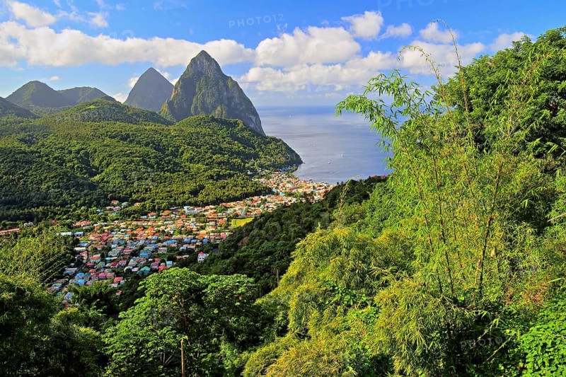 Tropical landscape with view of the village and the two Pitons