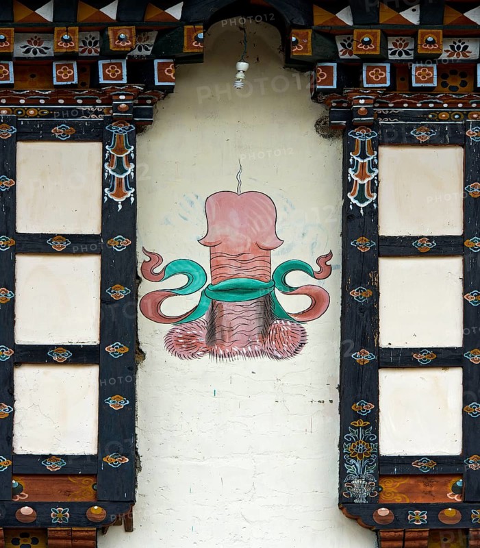 Phallus mural on residential house facade