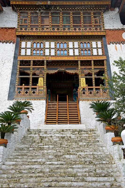 Stairs to the entrance of the monastery fortress Punakha Dzong