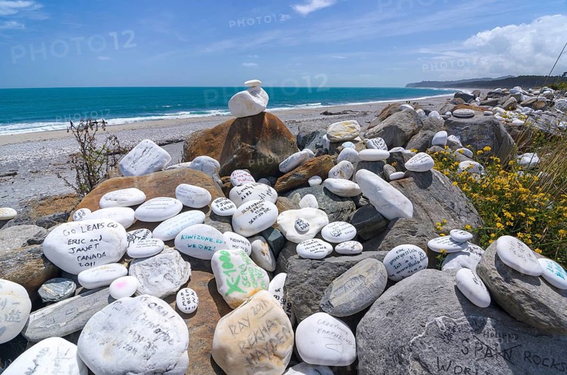 Memorial stones on the beach at Haast