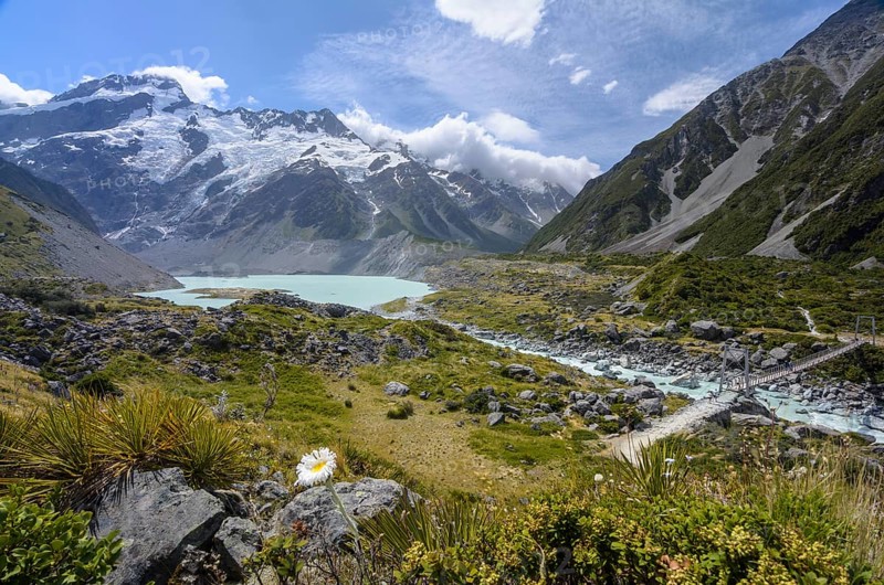 Mueller Lake and Hooker River Bridge with Mount Sefton