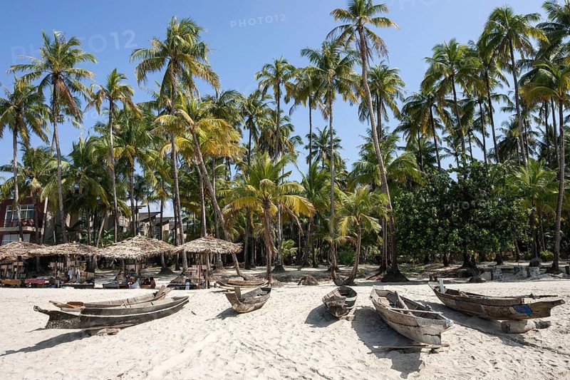 Beach with old parasols and fishing boats under palm trees in Ngapali Beach