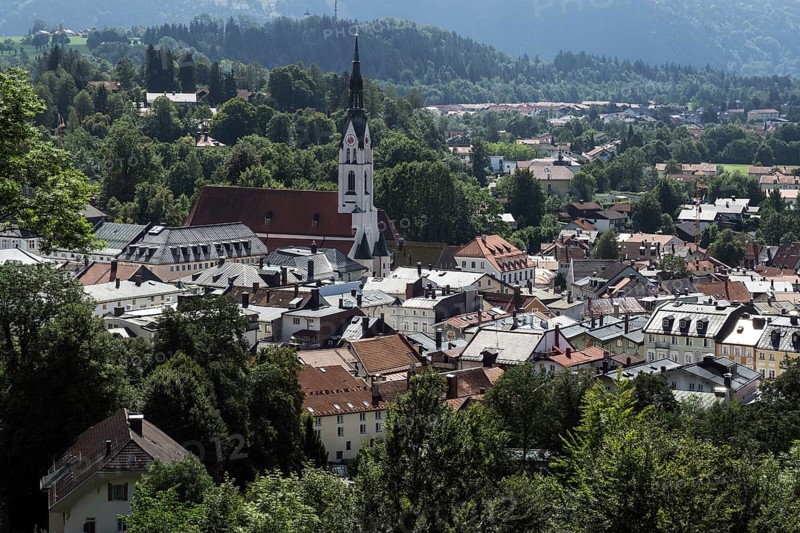 View from the Calvary to the historic centre of Bad Tolz with the Church of the Assumption
