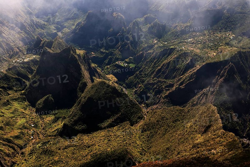 View from Le Maido lookout in the Cirque de Mafate with the Ilet des Orangers and Grand Place villages