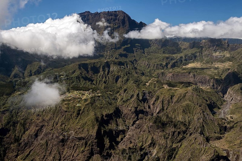 View from the Le Maido lookout in the Cirque de Mafate with Piton des Neiges vulcano