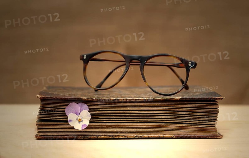 Old book with reading glasses and a horned violet