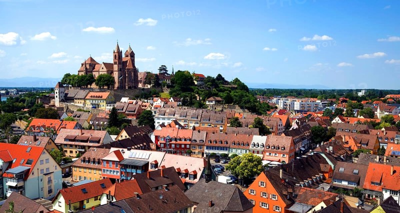 View from Eckhartsberg onto the historic centre with the Roman minster of St. Stephan