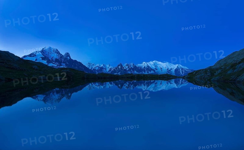 Mont Blanc reflected in Lake Cheserys at dawn