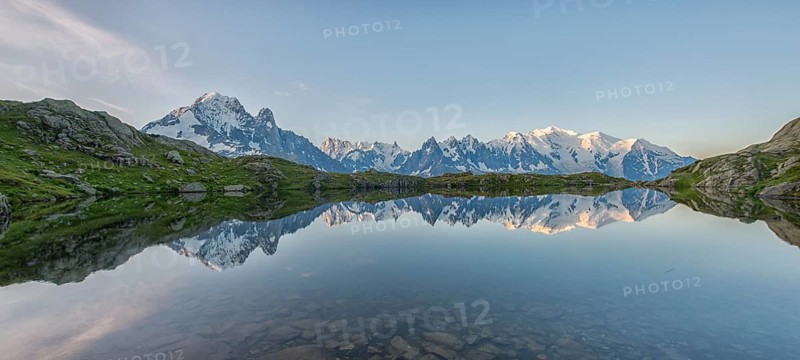 Mont Blanc reflected in Lake Cheserys in the morning