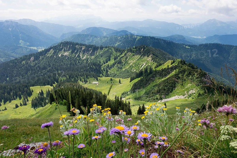 View from Hochgern mountain over Grundbach-Alm