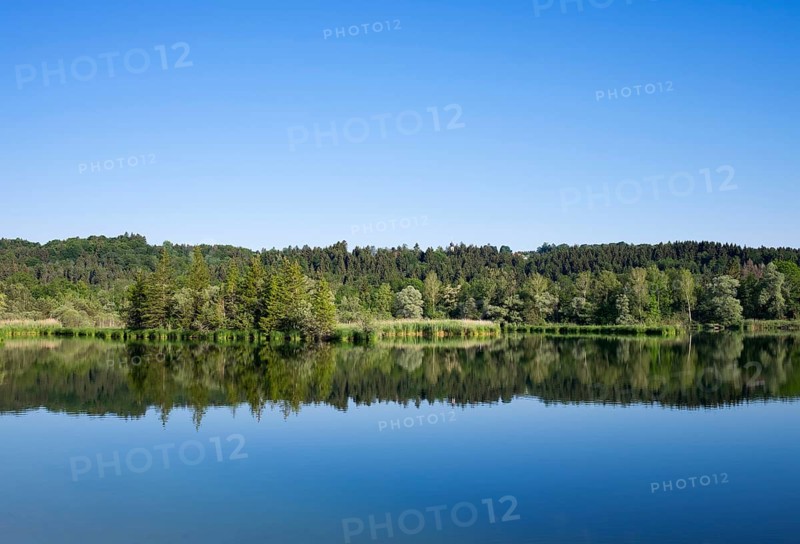 Ickinger Reservoir in the Nature Reserve Isarauen with the Church of Icking