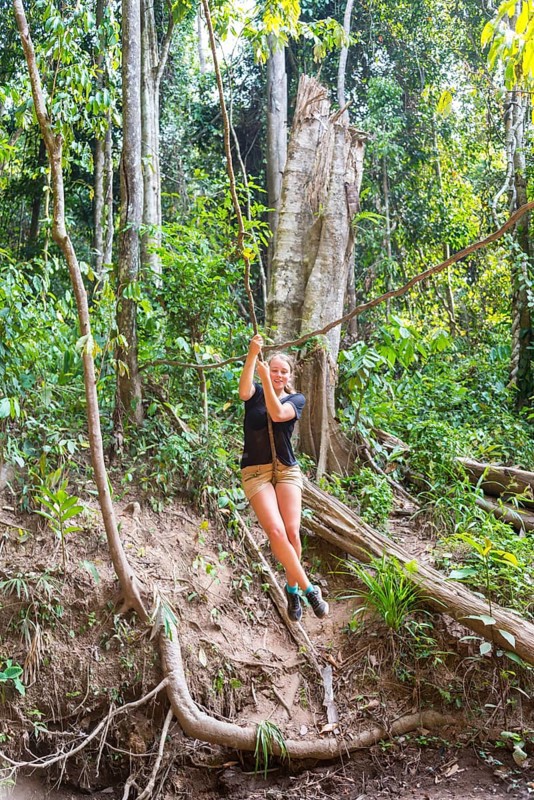 Young woman swinging on a vine in the jungle