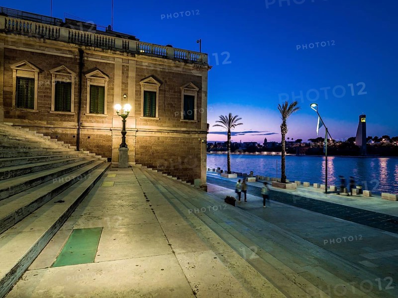 Wide staircase at the harbour at dusk