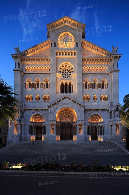 Neo-Romanesque Notre-Dame-Immaculee at dusk
