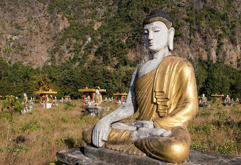 Buddha statue in Lumbini Garden under Mt Zwegabin