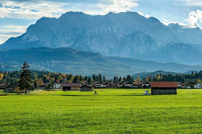 Meadow with hay huts