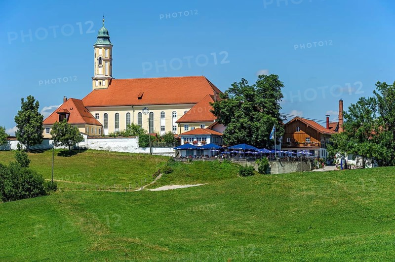 Annunciation church with beer garden and brewery of Reutberg abbey